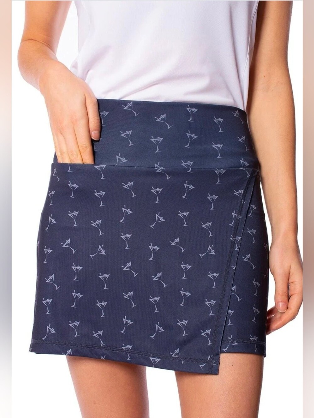 GOLFTINI Shaken Skort Pull On Golf Martini Print Navy Asymetrical Cut Large